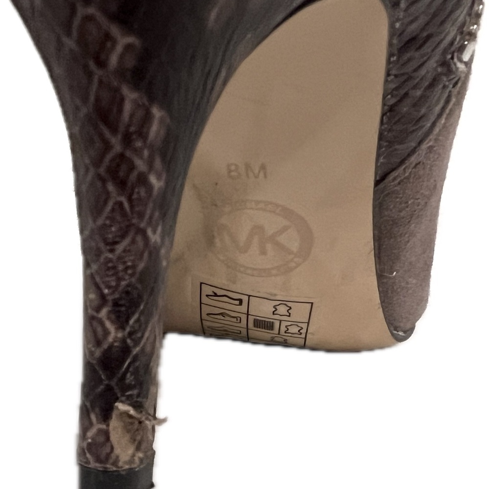 Michael Kors high heel bootie.  Taupe suede and rich brown snake skin leather. - Picture 3 of 6